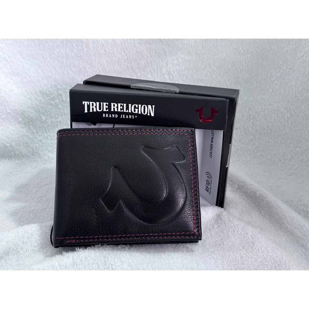 True Religion Black Leather Bifold Wallet Horseshoe Logo w/ Box NWT